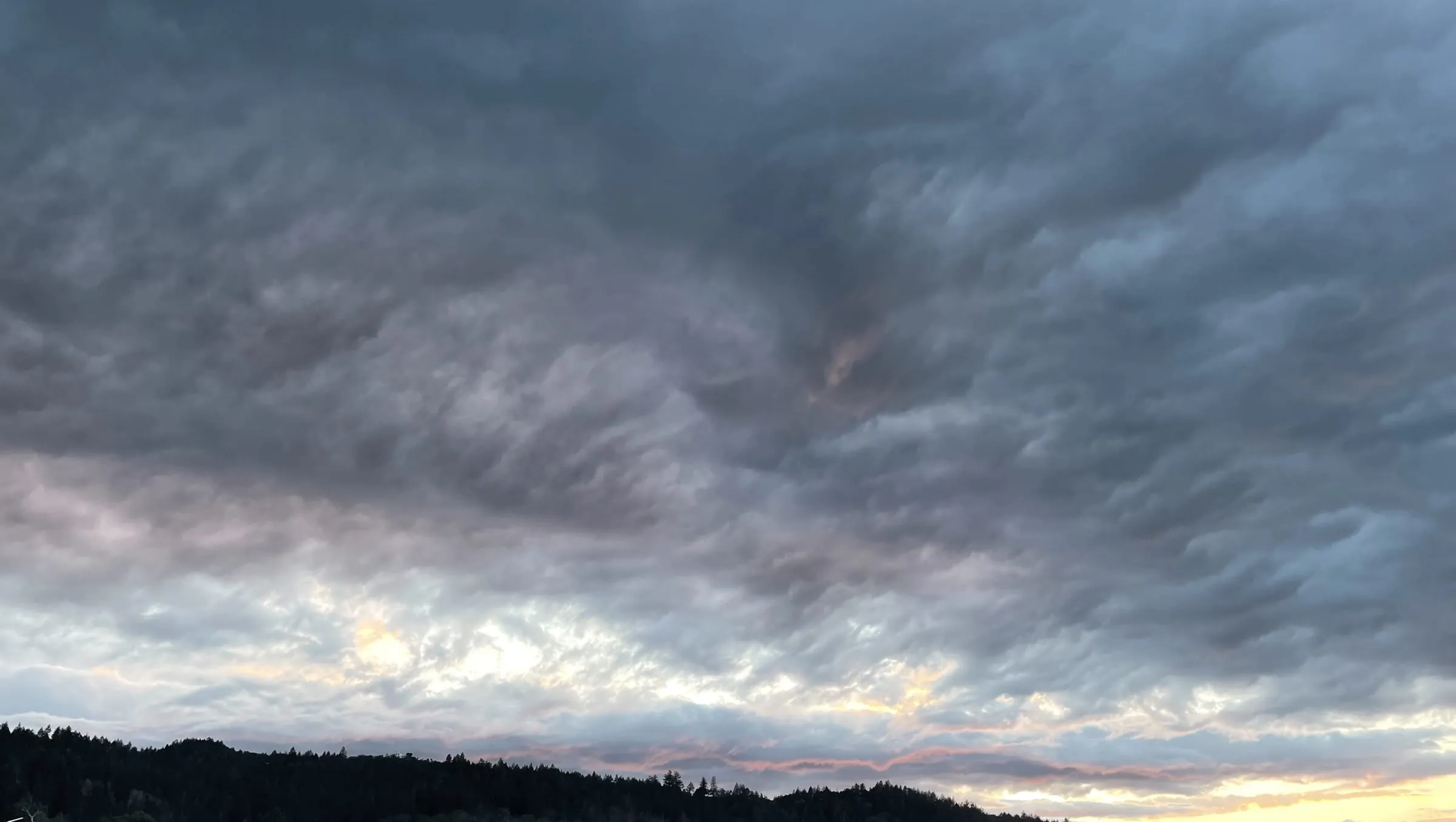 Storm clouds breaking open over a Northern California treeline at dusk